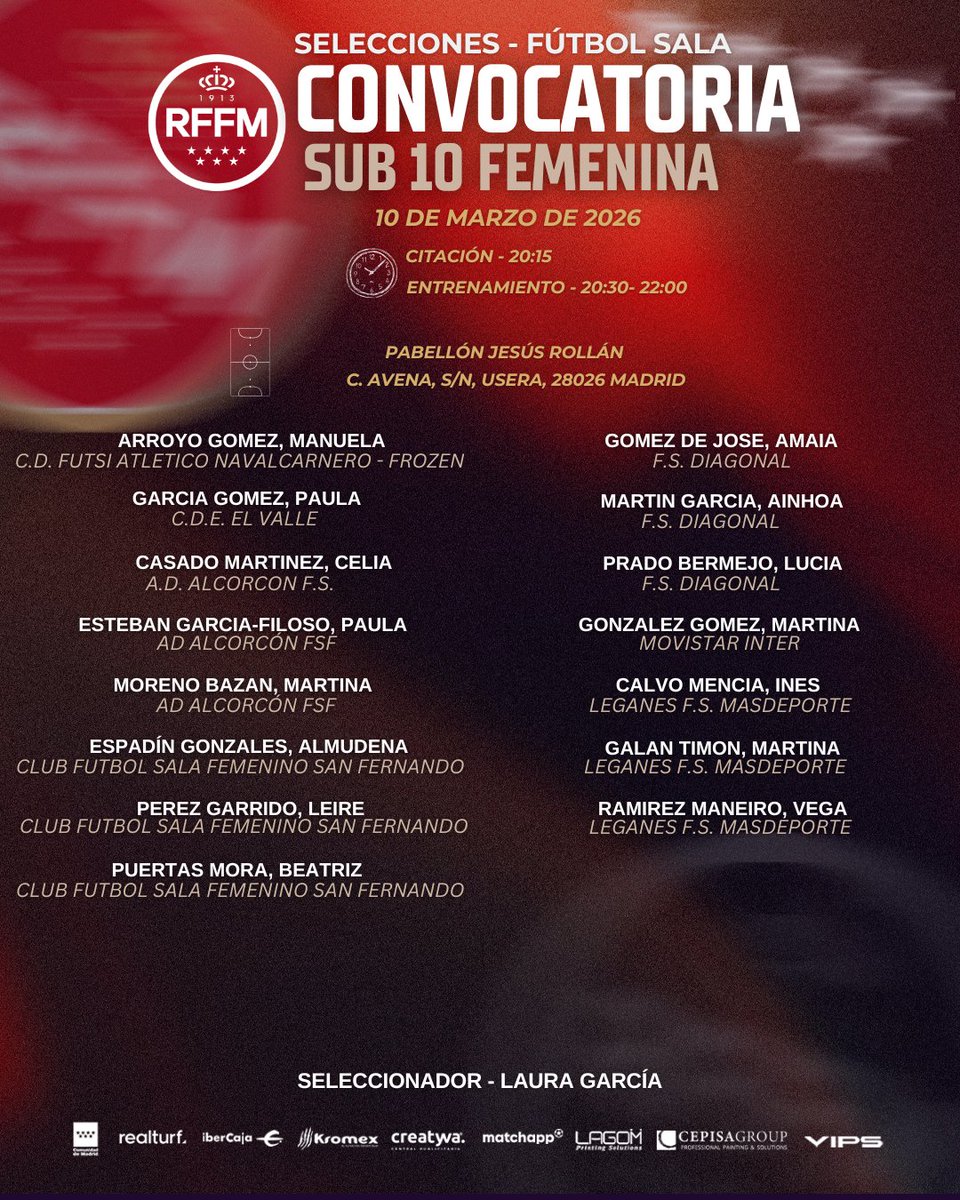 RFFM_FutbolSala's tweet photo. 📋Doble Convocatoria de la #SeMadrid Sub-10 Femenina Fútbol Sala. 

📅 10 / 3 / 2026 
🏟 Pabellón Jesús Rollán (Madrid)
🕟 18:45 / 20:15 https://t.co/Ov1NaWM93z