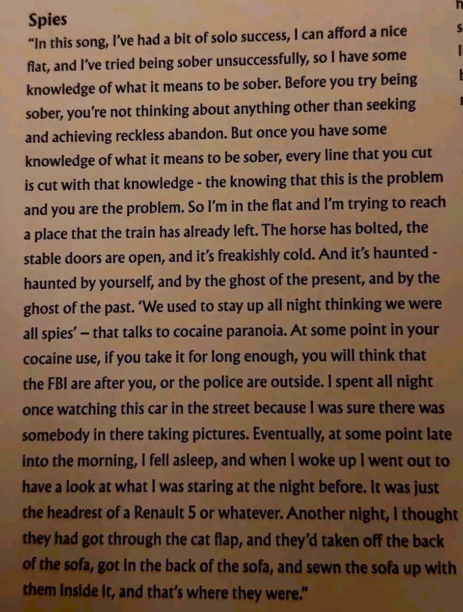 lauraivetts's tweet photo. Robbie Williams on the stories behind the lyrics of the songs on Britpop. Two of them are connected:

“Spies” — “We used to stay up all night thinking we were all spies,” which refers to cocaine paranoia.

“Spies” is 3:30 in the morning.

“It’s OK Until the Drugs Stop Working” is 7 or 8 o’clock, when the drugs have worn out and you’re left with your own mind and the hellscape of a comedown. 🥹

A brutally honest glimpse into that chapter of his life. 🥲