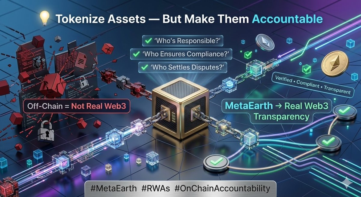 ethiocrypto433's tweet photo. Everyone talks about #tokenizing assets like it’s easy.
But making them accountable? That’s the real challenge.

#RWAs don’t fail because of liquidity.
They fail when:
❓ Who’s responsible?
❓ Who ensures compliance?
❓ Who settles disputes?

If it’s handled off-chain, it’s not real #Web3.

#MetaEarth solves this ↓@Methiopiaglobal