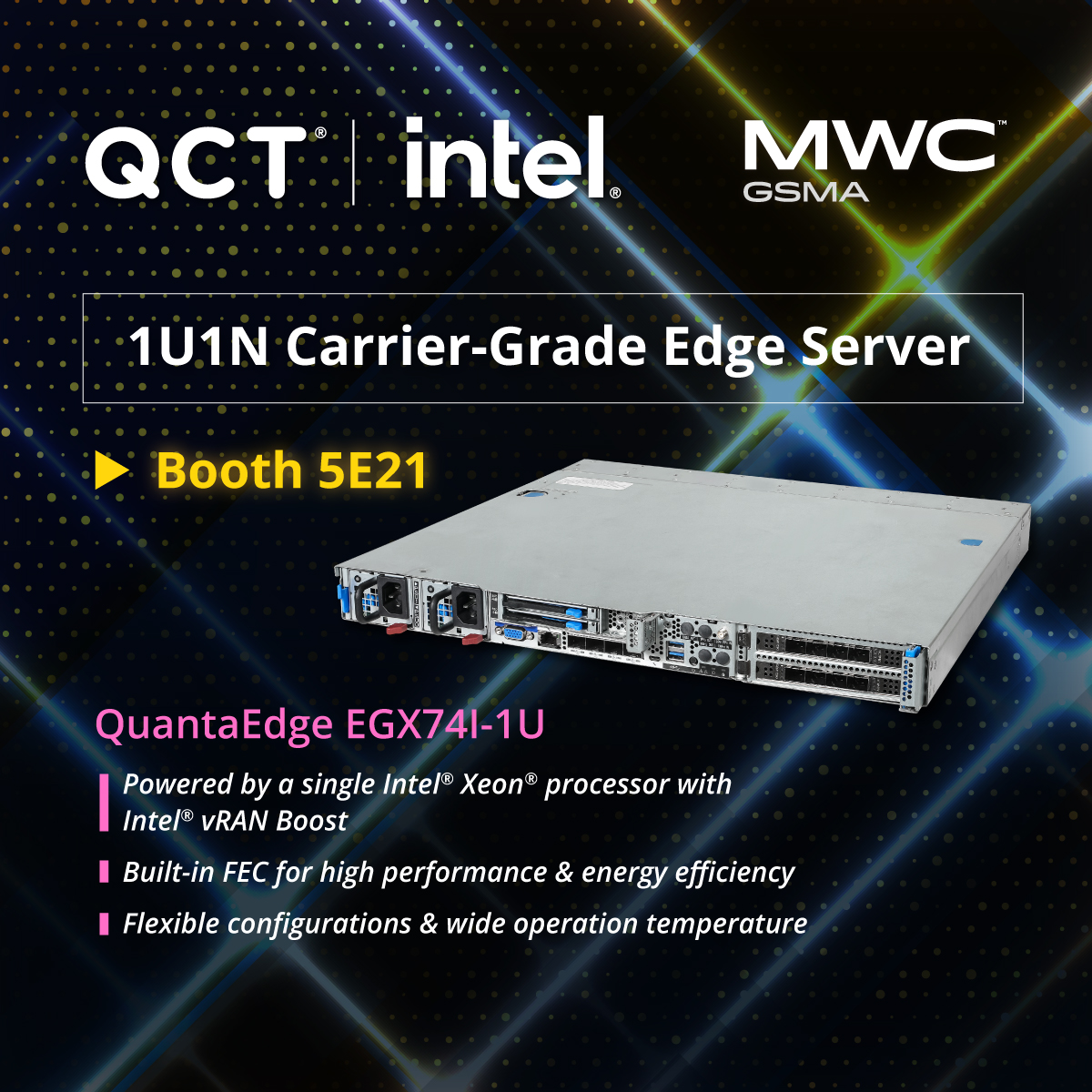 QuantaQCT's tweet photo. Powered by the #IntelXeon platform, the #QuantaEdge EGX74I-1U is a carrier-grade #EdgeServer boasting performance, efficiency, and environmental robustness. Its flexible configurations let it operate as either a 5GC or a BBU for #5G networks. #MWC26

🔗https://t.co/OPrdlhnwPc https://t.co/u7iXrpFQ09