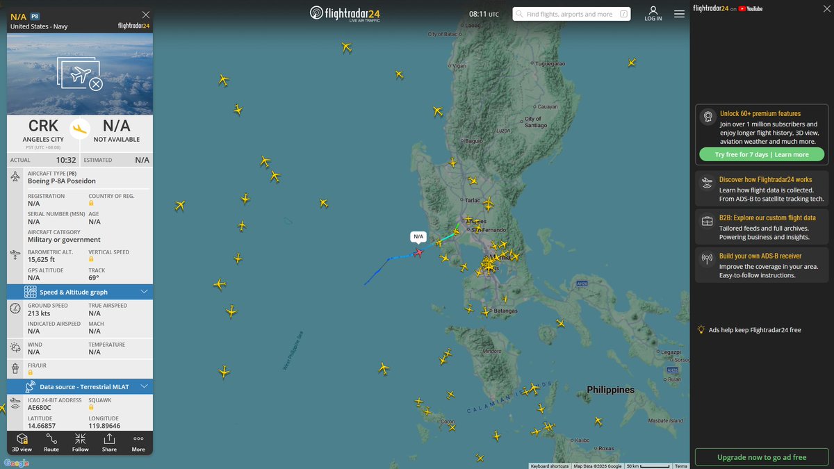 AIYeyENGDdJkjTr's tweet image. Mar. 5, 2026
#Clark Air Base, Philippines #West Philippine Sea 

#NoCALLSIGN #AE680C USN P-8A Poseidon