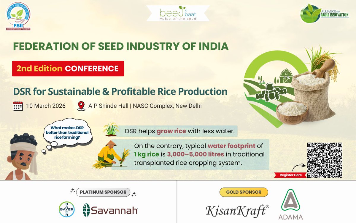 Direct Seeded Rice boosts water efficiency, reduces labor and emissions, and supports sustainable, profitable rice farming. 

Register now: tinyurl.com/FSII-DSR

<a href="/AdamaAgri/">ADAMA Ltd.</a> | <a href="/Bayer/">Bayer AG</a> | <a href="/Kisankraft1/">KisanKraft Limited</a> 

#BeejKiBaat #FSII #VoiceOfTheSeed #DSRConference #Rice #SustainableFarming