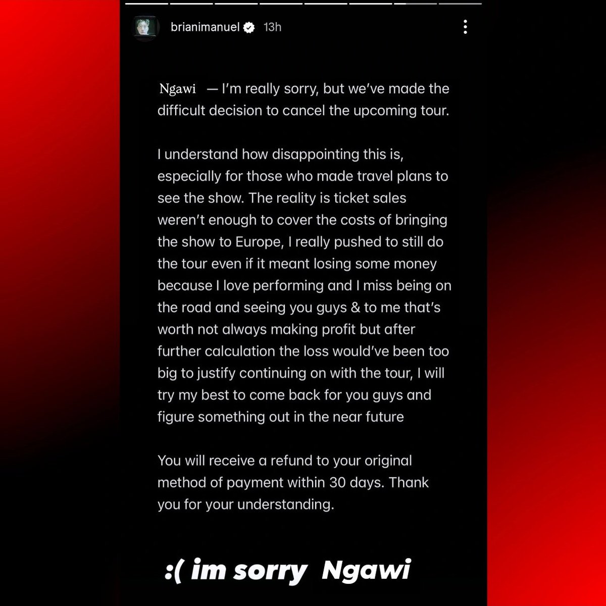 Rich Brian announces that the WHERE IS MY HEAD? Ngawi tour dates have been cancelled due to the current circumstances.