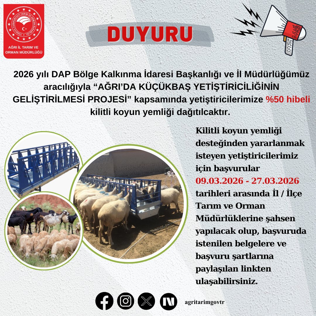 agritarimgovtr's tweet photo. 2026 yılı “Ağrı’da Küçükbaş Yetiştiriciliğinin Geliştirilmesi Projesi” kapsamında istenilen belgeler ve yetiştirici seçim kriterleri yayımlanmıştır. Detaylı bilgilere paylaşılan link üzerinden ulaşabilirsiniz.

https://t.co/FckX3w2wcF
@TCTarim 
@TR_HAYGEM 
@mehmethsyngl https://t.co/VobVv2HMxl
