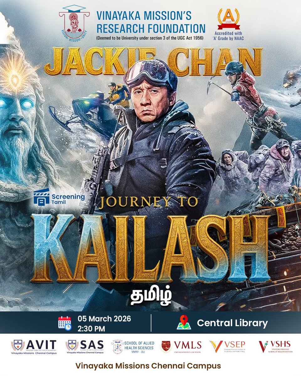 AVITChennai's tweet image. Join us for the special screening of “Journey to Kailash – Tamil” starring Jackie Chan at the VMCC. Experience action, adventure, and an epic journey on the big screen! 

#VMRF #AVIT #MovieScreening #JackieChan #CampusLife #ChennaiCampus