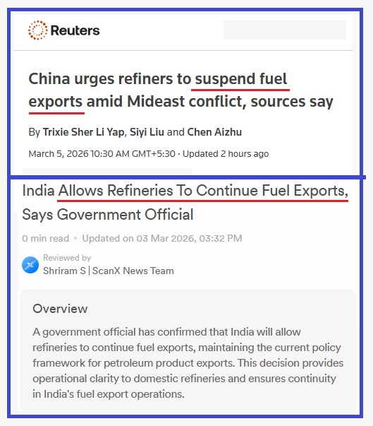 China suspends fuel exports from its refineries.

India allows refineries to continue exports despite the looming energy crisis.

China has nearly 120 import days of strategic oil reserves and we have only 25 days.

China has access to Russian oil, and we haven't received