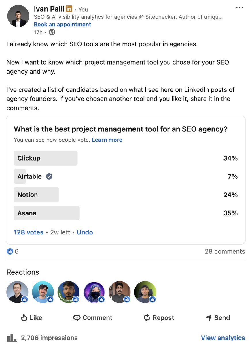 User polls on LinkedIn generate many more votes than here on X for me.

128 votes in 1 day. Looks like a hot topic.

What is your favorite project management tool for an SEO agency?