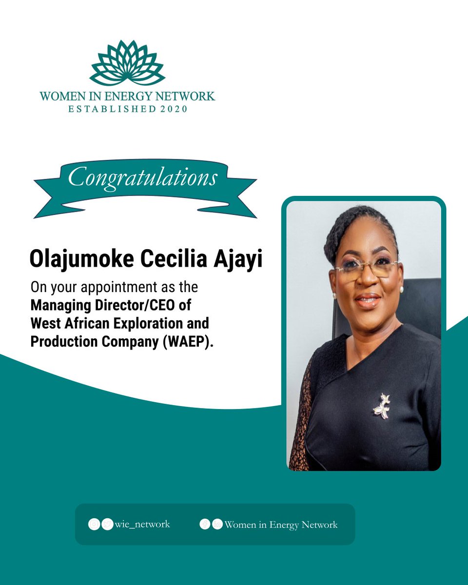 We extend our heartfelt congratulations to our own Olajumoke Cecilia Ajayi on your appointment as Managing Director/Chief Executive Officer of West African Exploration and Production Company (WAEP).