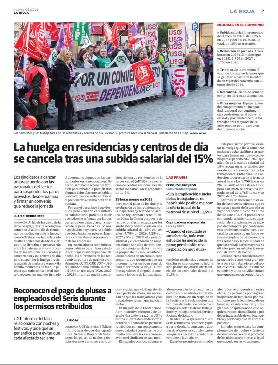 UGTSPRioja's tweet photo. 🗞️ El trabajo de UGT Servicios Públicos, en el periódico LA RIOJA

📈 Logramos un acuerdo histórico tras una negociación dura

💰 Conseguimos una subida salarial del 15% en tres años (4,75% en 2026, 5,25% en 2027 y 5% en 2028).

➕ UGT logran que se reconozcan pluses en el SERIS. https://t.co/3VLJ6GLInS
