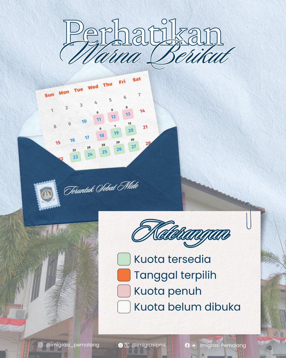imigrasipml's tweet photo. Tahukah kamu? Warna pada kuota di aplikasi M-Paspor punya arti berbeda. 🎨
Saat memilih tanggal permohonan di M-Paspor, kamu akan melihat beberapa warna yang menandakan ketersediaan kuota layanan.
🟢 Hijau → Kuota masih tersedia
🔴 Merah → Kuota sudah habis https://t.co/llqc20G9tv