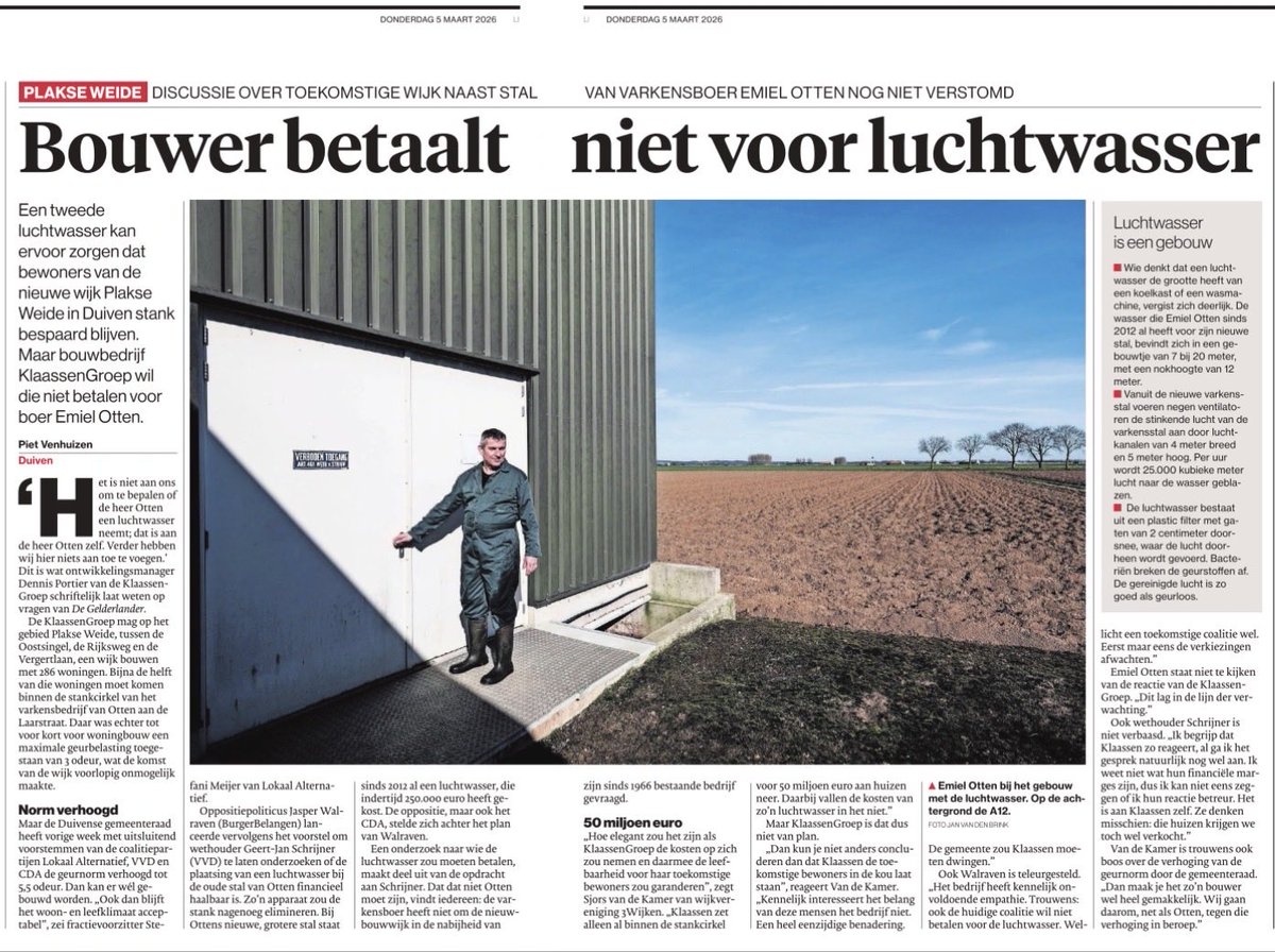Projectontwikkelaar bouwt voor 50 miljoen aan woningen binnen de stankcirkel, maar weigert 1 ton te investeren voor een luchtwasser👇

Duiven⁩ beloont hem voor deze weigering door de geurnorm te versoepelen en zadelt de toekomstige bewoners op met stank en gezondheidsrisico’s.