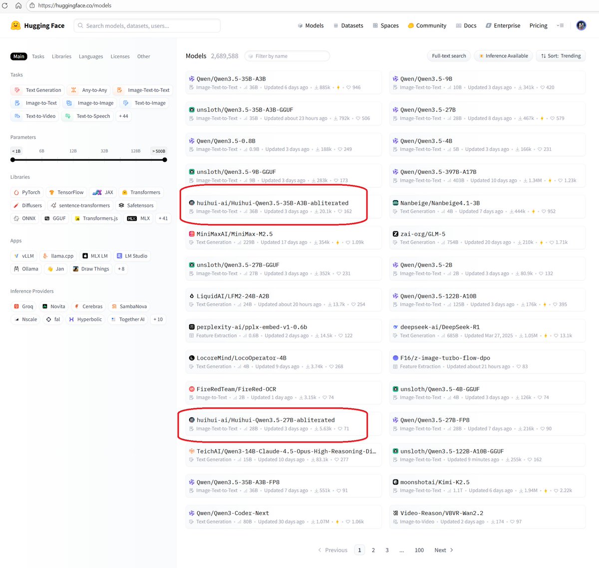 Latest achievement: huihui-ai/Huihui-Qwen3.5-35B-A3B-abliterated has made it into the TOP10 of hf trends.
huggingface.co/models
