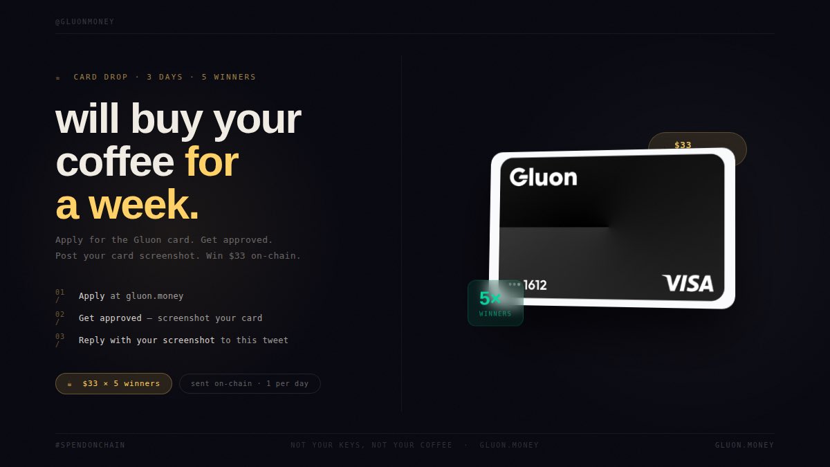 /end
crypto was never meant to sit in an app

step 1 → apply
step 2 → get approved
step 3 → flex the card, win coffee money for a week

<a href="/GluonMoney/">Gluon</a>