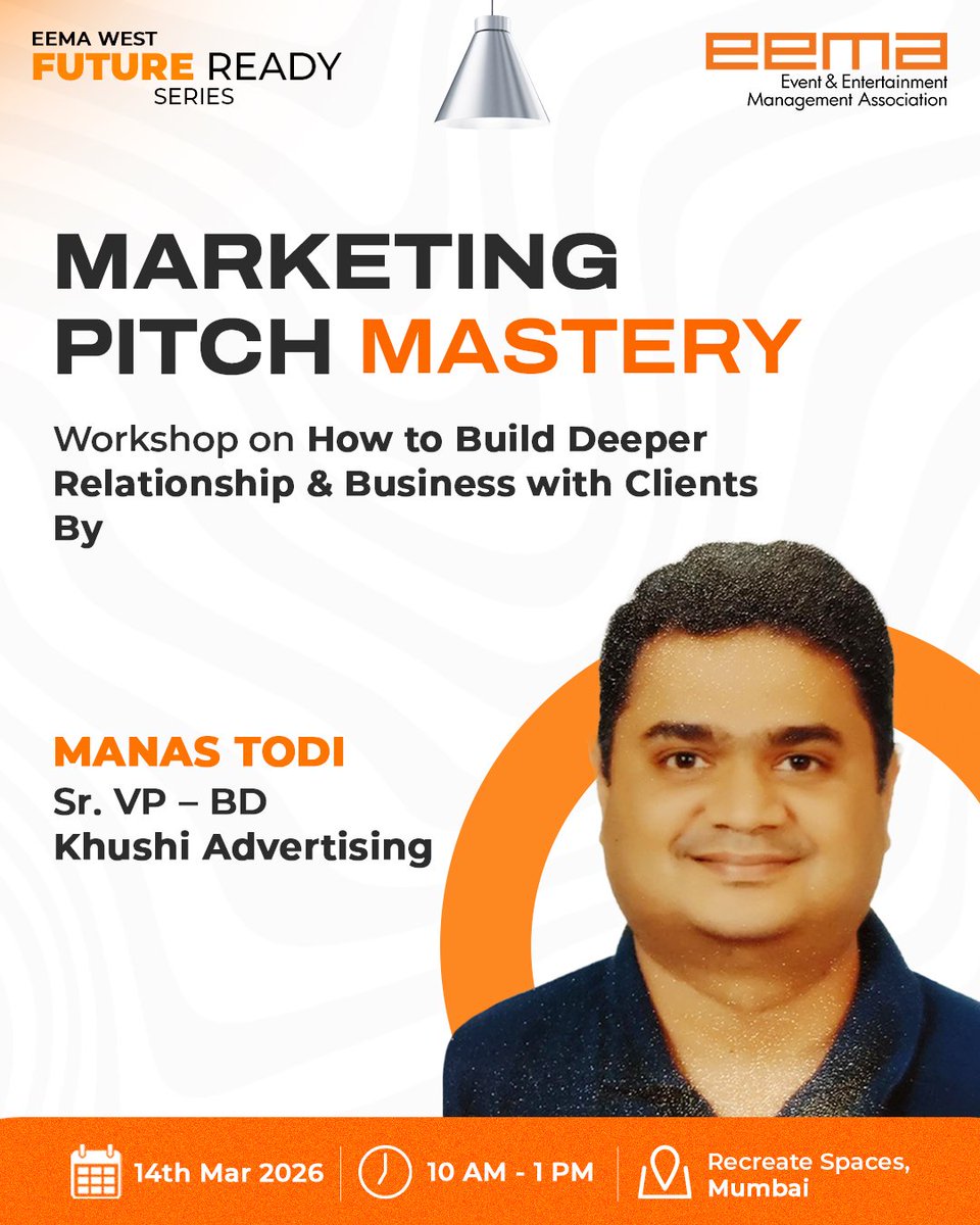 eemaindia's tweet image. EEMA West presents Marketing Pitch Mastery with Manas Todi! Learn to integrate your business into client GTM journeys and build lasting value. 📈

📅 14th March
🕙 10AM - 1PM
📍 Recreate Spaces, Mumbai

🔗 tktz.cc/sm2026

#EEMAWest #MarketingMastery #GTM #EventProfs