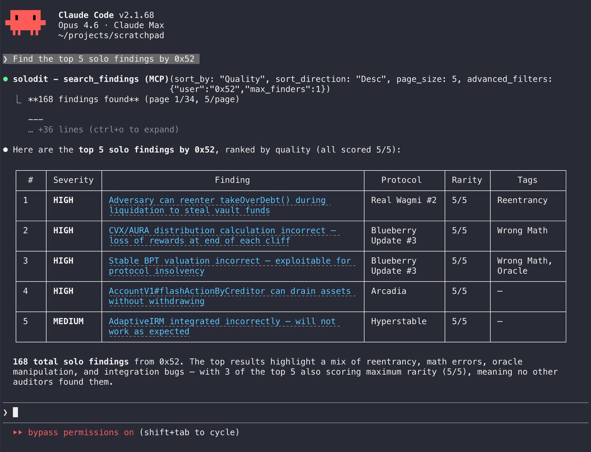 AISecHub's tweet photo. claudit - Smart contract security findings for AI coding agents - https://t.co/KyK2WoqrxQ

Search Solodit's 20,000+ audit findings from Claude Code and Codex CLI. https://t.co/HqXNLWGACV