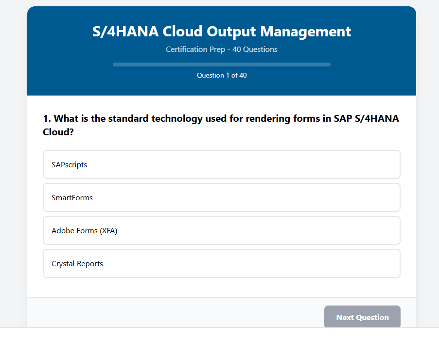 mistersharesap's tweet photo. #SAP #S4HANA #SAPCloud #OutputManagement #Fiori #ERP #Consulting #TechTips #S4HCLUB #MissionImpossible
S/4HANA Cloud Output Management
Certification Prep - 40 Questions
Question 1 of 40
https://t.co/Vw7jFAITyG https://t.co/hTNzuI4Y8h