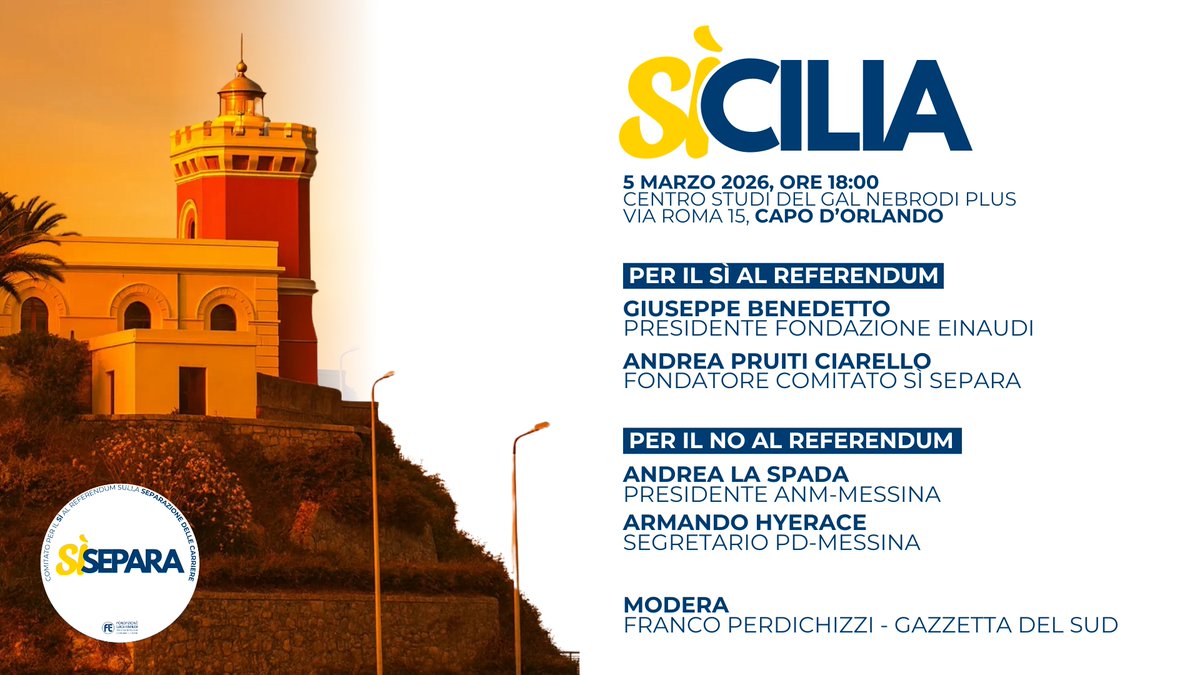 fleinaudi's tweet photo. Amici siciliani, continua il tour de force di #SìSepara.
Ci vediamo alle 18 a #CapoDOrlando con il Presidente @avvbenedetto e l'avv. @andreapruitic. Non mancate! https://t.co/U09jOEutht