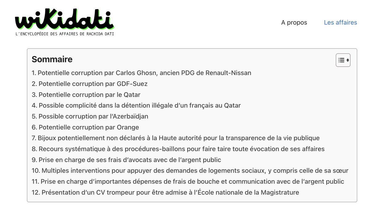 Dès qu'elle est interrogée sur sa probité, Rachida Dati explique que "personne ne connaît" la procédure qui lui vaut un procès et qu'elle n'est pas mis en cause dans "plusieurs affaires". 
Un site entier en recense 12, mais elle tente de le faire supprimer nouvelobs.com/politique/2026…