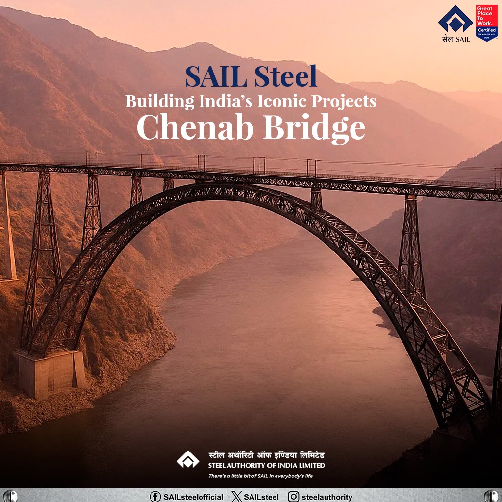 SAILsteel's tweet photo. SAIL Steel is proud to contribute to one of India’s iconic engineering marvels — the Chenab Bridge. Rising in the rugged terrain of Jammu &amp; Kashmir, it reflects strength and resilience, powered by quality steel that ensures durability and reliability.

#SAIL https://t.co/u5R931TN4o