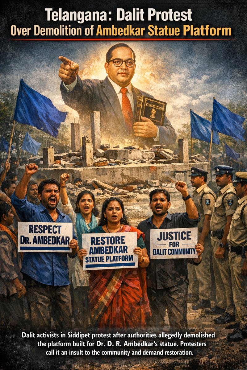 🚨 Telangana Dalit activists protest in Siddipet after authorities allegedly demolished the platform for Dr. B.R. Ambedkar’s statue. Protesters call it an insult to the community and demand restoration.

#USIranConflict #Iraq Tamil Nadu #Netanyahu #TelAvivBlast #TVKForTN