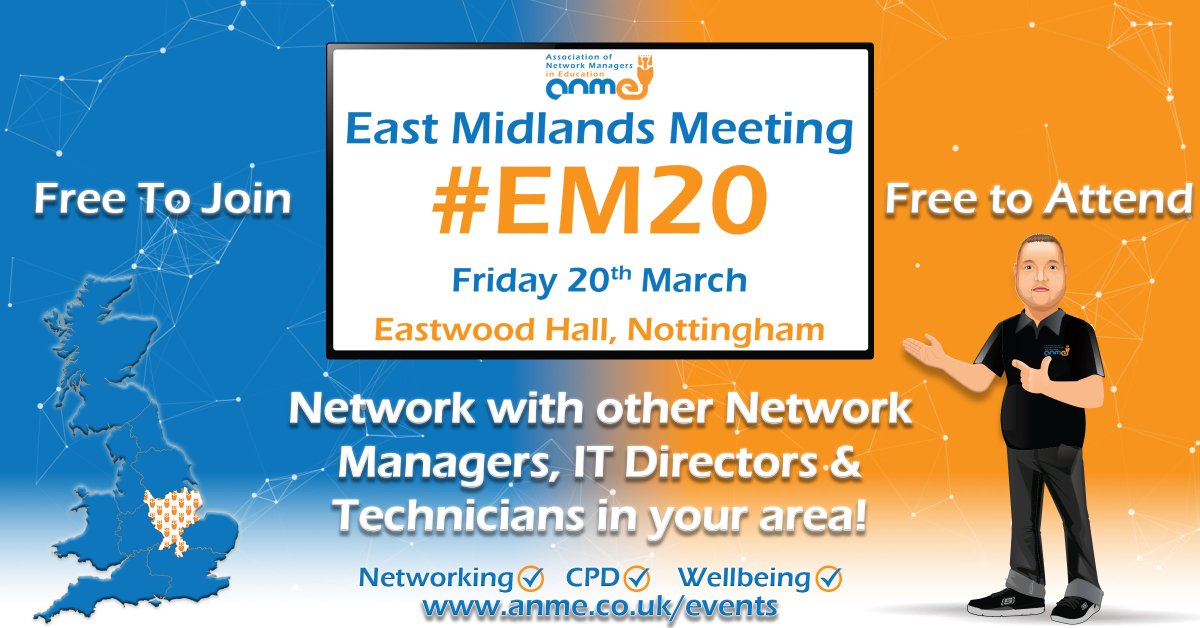 TheANME's tweet photo. East Midlands Meeting 20 - #EM20
20 March | Nottingham

Mike Sanderson speaking, Round Table “Problem Halving” discussions, plus a practical tabletop exercise from 9ine.

Free for ANME members - lunch included.

https://t.co/oK04EZPTsJ

#ANME #EdTech #networking #CPD #wellbeing https://t.co/074pUbvIuM