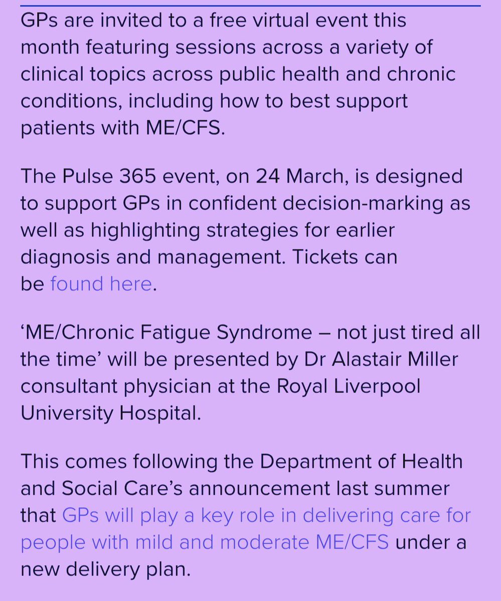 LongCovidAdvoc's tweet photo. ⚠️ We have serious concerns about Dr Alastair Miller running a GP course for MECFS Diagnosis &amp; Management for Pulse Today.

Miller is:
🔹ex-chair of BACME
🔹reviewer of PACE
🔹GET researcher
🔹anti-NICE

🖇️ https://t.co/N80Wuc9h9s
📧 support@pulse365.uk https://t.co/gNHcm6yMdj