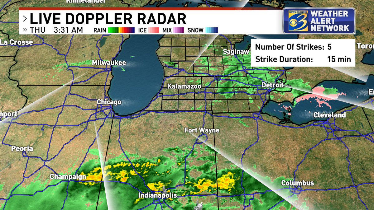 ⚠️ Dense Fog Advisory: Berrien, Cass, St. Joe, and Branch til 10 a.m. (more tomorrow AM)

☔️ Rain becomes steadier after 9 a.m. from south to north

⚡️ Could be a t'storm today; lightning near Indy