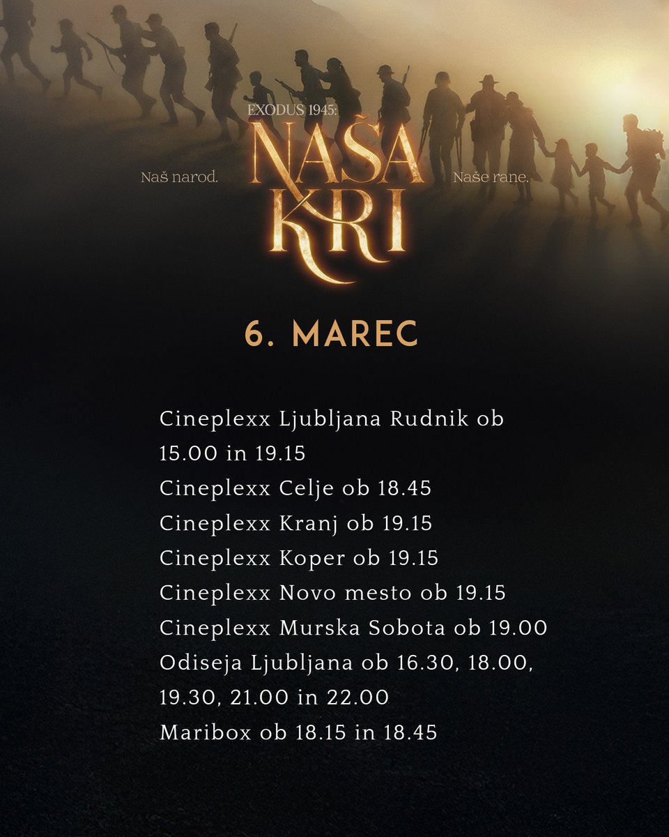 siposh's tweet photo. Vas zanima, kje si lahko v naslednjem tednu pogledate film Exodus 1945: Naša kri? Vabljeni, da poiščete svoj najbližji kino in si zagotovite vstopnice. https://t.co/cpZZEDuj2F
P.S.: dodali smo še nekaj predvajanj, ki so nam včeraj pobegnila.
.
.
#Exodus1945 #Našakri #vkinu https://t.co/fj18YBGcTI