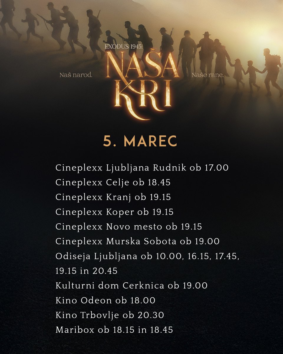 siposh's tweet photo. Vas zanima, kje si lahko v naslednjem tednu pogledate film Exodus 1945: Naša kri? Vabljeni, da poiščete svoj najbližji kino in si zagotovite vstopnice. https://t.co/cpZZEDuj2F
P.S.: dodali smo še nekaj predvajanj, ki so nam včeraj pobegnila.
.
.
#Exodus1945 #Našakri #vkinu https://t.co/fj18YBGcTI