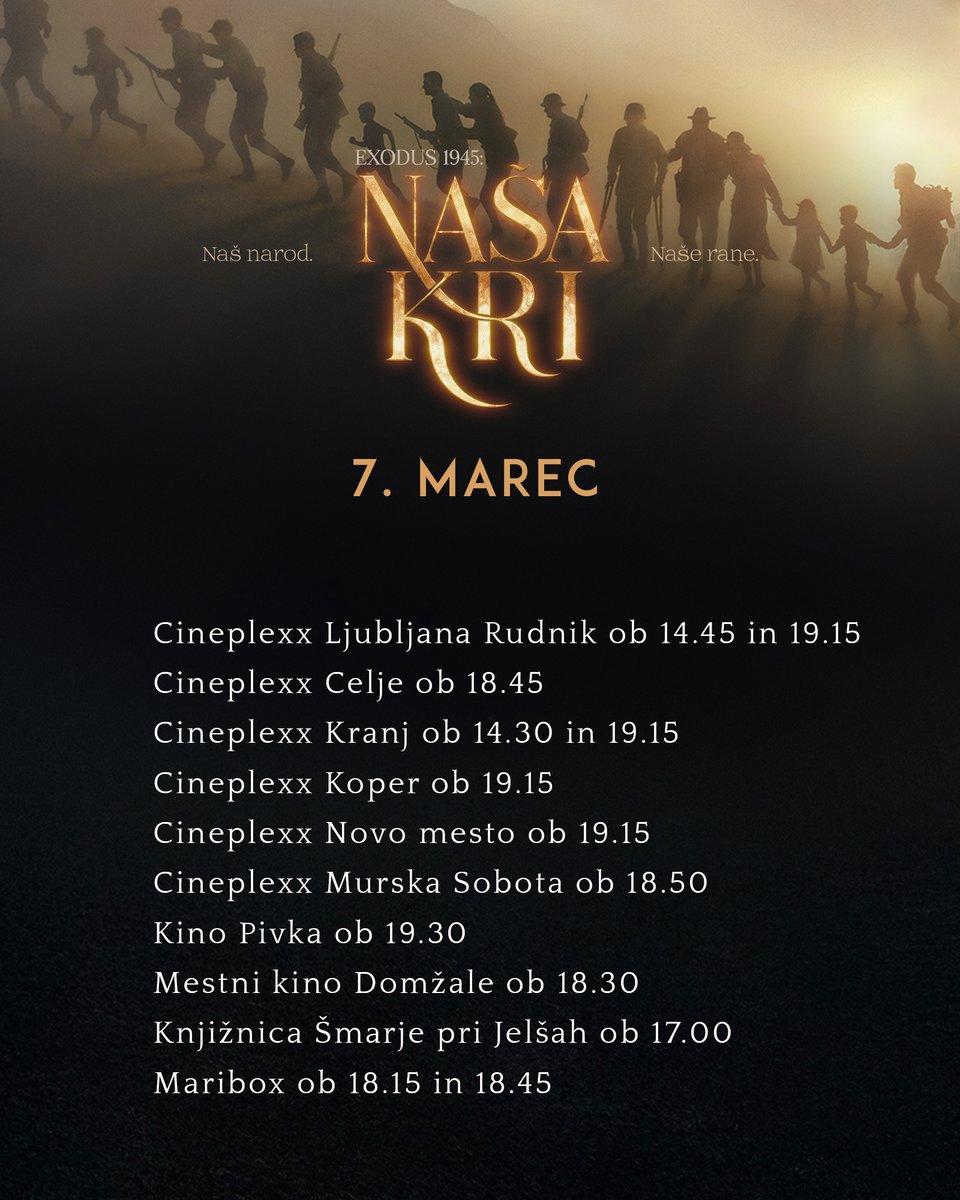 siposh's tweet photo. Vas zanima, kje si lahko v naslednjem tednu pogledate film Exodus 1945: Naša kri? Vabljeni, da poiščete svoj najbližji kino in si zagotovite vstopnice. https://t.co/cpZZEDuj2F
P.S.: dodali smo še nekaj predvajanj, ki so nam včeraj pobegnila.
.
.
#Exodus1945 #Našakri #vkinu https://t.co/fj18YBGcTI