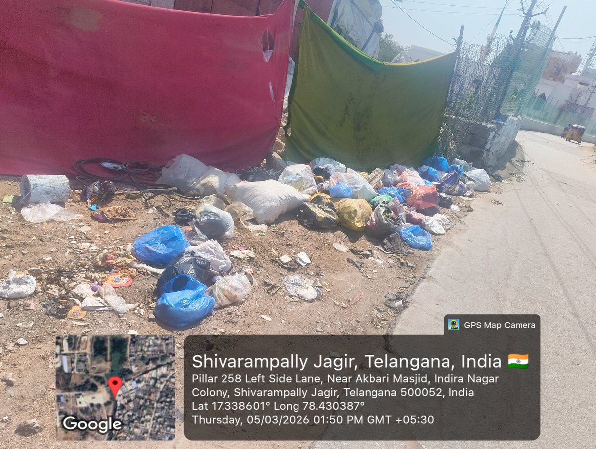 ghouse970's tweet photo. @GHMCOnline 
Garbage is not being lifted regularly near Pillar 258, Left Side Lane, Near Akbari Masjid, Indira Nagar Colony, Shivarampally Jagir 52 Waste is piling up on the roadside causing foul smell and mosquito breeding. Kindly arrange immediate garbage clearance.
@ZC_RAJNGR https://t.co/ktFR8azH07