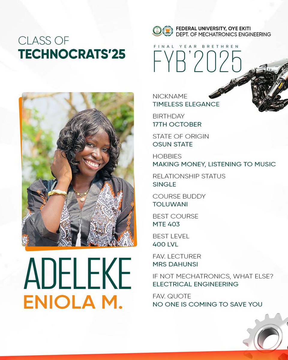 namtesofficial's tweet photo. Adeleke Eniola Mariam (Timeless Elegance)
Technocrats ’25

Confident, ambitious, and effortlessly graceful, Eniola embodies focus and drive. A proud daughter of Osun State, she blends intelligence with determination — always striving for excellence. https://t.co/OdkCeDrNX8