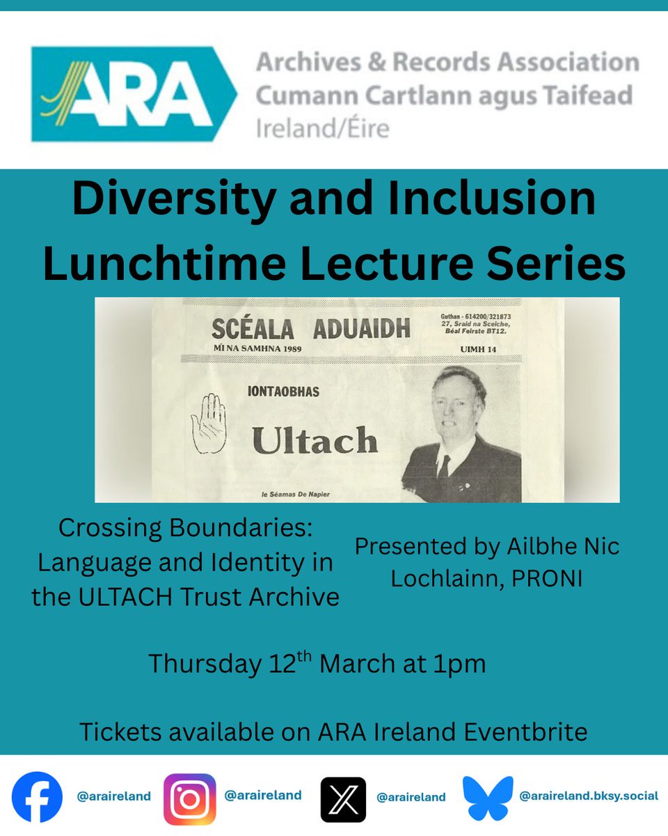 ARAIreland's tweet image. Join us Thursday March 12th for the next lecture in the ARA Ireland #EDI series

Crossing Boundaries: Language and Identity in the ULTACH Trust Archive /Ag Trasnú Teorainneacha: Teanga agus Féiniúlacht i gCartlann an Iontaobhais ULTACH

Tickets  ⬇️
eventbrite.co.uk/cc/ara-ireland…