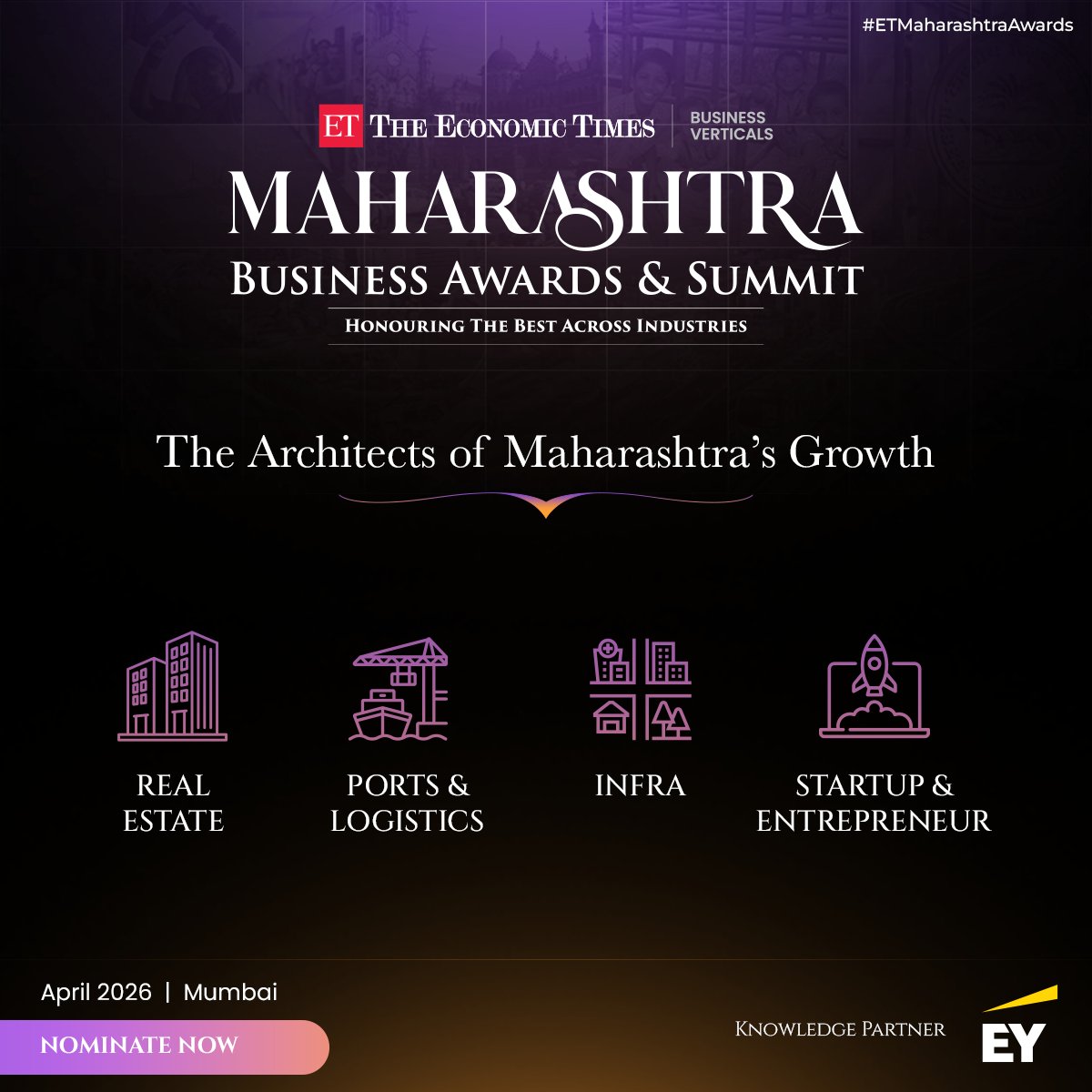 Realty_Et's tweet image. At the ET Maharashtra Business Awards &amp;amp; Summit, the spotlight turns to the real estate leaders shaping the state’s urban future. 

April 2026 | Mumbai

Nominate now: b2b.economictimes.indiatimes.com/maharashtra-bu…

#ETMaharashtraAwards #RealEstateLeadership #RealtyExcellence #InfrastructureGrowth