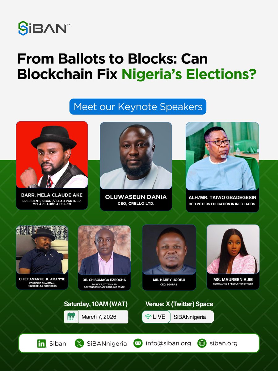 SiBANnigeria's tweet photo. 🎤 Speakers:
• Barr. @March_Oasis — SiBAN 
• @seundania — CEO, Crello Ltd
• Taiwo Gbadegesin — HOD Voter Education
• Chief @kingbrownson — Niger Delta Congress
• Dr. Chisomaga Ezeocha — Founder, VoteGuard
•  @UgojiHarry — CEO, Egoras
• @maureenajie — Compliance officer https://t.co/mSlgJyU9cQ