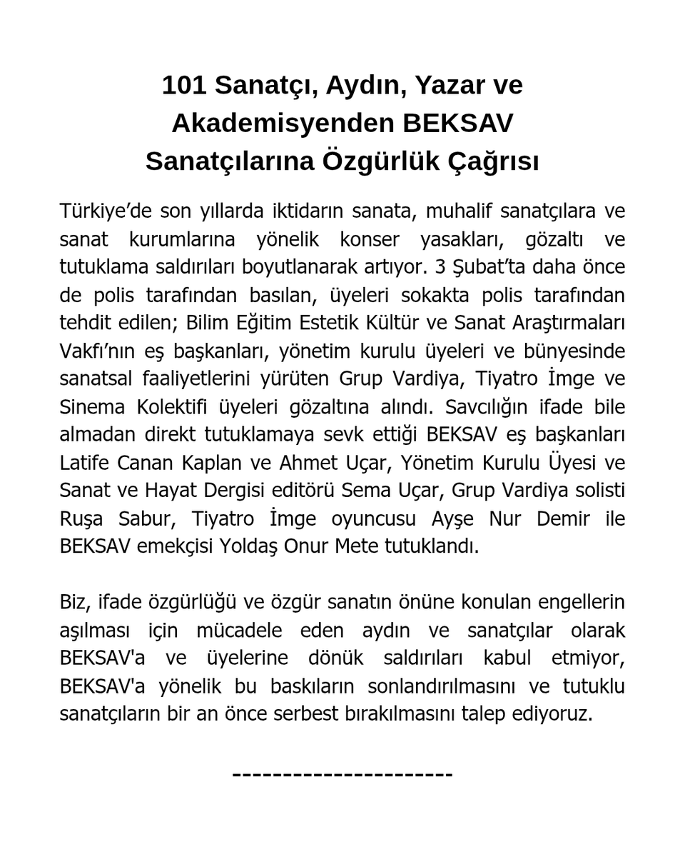 BEKSAV_1995's tweet photo. Tutuklamaların birinci ayında, BEKSAV sanatçılarına özgürlük imza kampanyasına katılan 101 sanatçı, aydın, yazar ve akademisyenin listesini sizlerle paylaşıyor, devrimci sanatın tutuklama terörüyle susturulamayacağını bir kez daha hatırlatıyoruz!
#BeksavSanatçılarınaÖzgürlük https://t.co/j4WYuZ2ASI