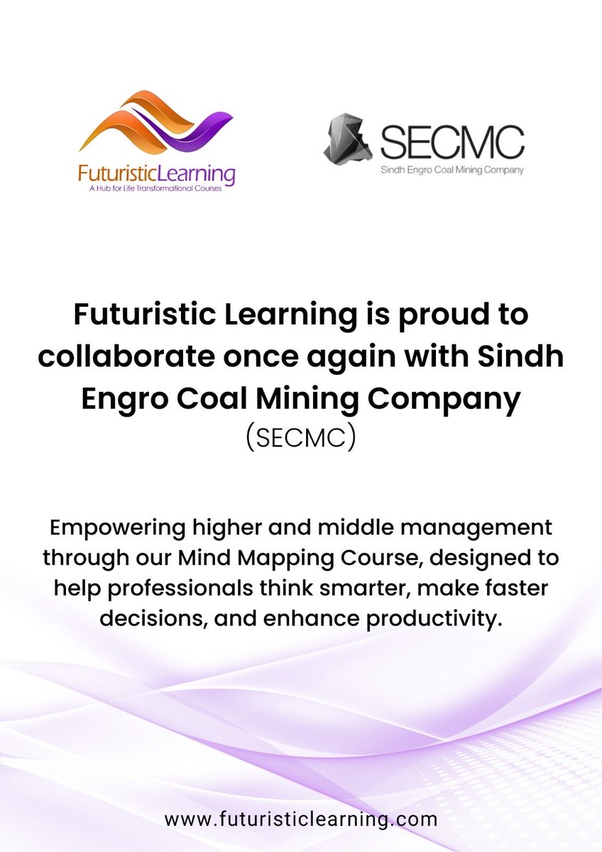 Futuristic Learning is proud to collaborate with Sindh Engro Coal Mining Company.

Empowering higher and middle management with our Mind Mapping Course, designed to help professionals think smarter, make faster decisions, and enhance #productivity.

<a href="/SECMC_Thar/">SECMC Thar (Official)</a> 

#mindmapping