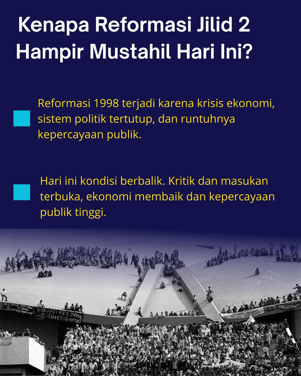 silfiputri_'s tweet image. Kenapa Reformasi Jilid 2 hampir mustahil? Karena syarat utamanya kayak krisis ekonomi dan hilangnya kepercayaan publik itu nggak ada sekarang. Kita lagi di track yang benar.
#FaktaBukanOpini #IndonesiaKeren #Stabilitas