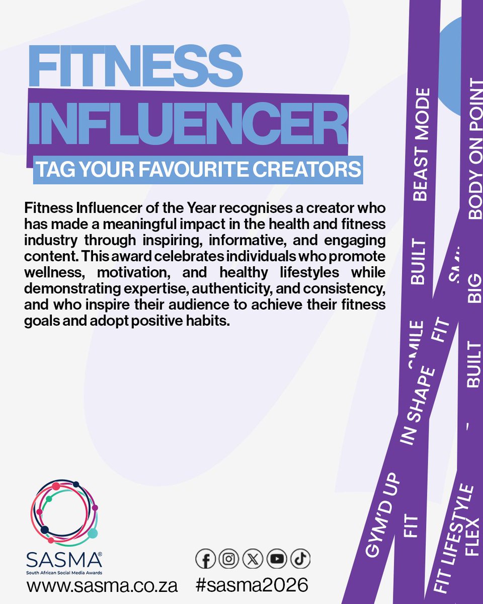 SMAWARDS_ZA's tweet image. Who keeps you motivated on your fitness journey?🏋️‍♀️

Tag your favourite fitness creators below and let them know they deserve the spotlight!

#SASMA2026 #FitnessInfluencer #HealthAndWellness #FitnessMotivation