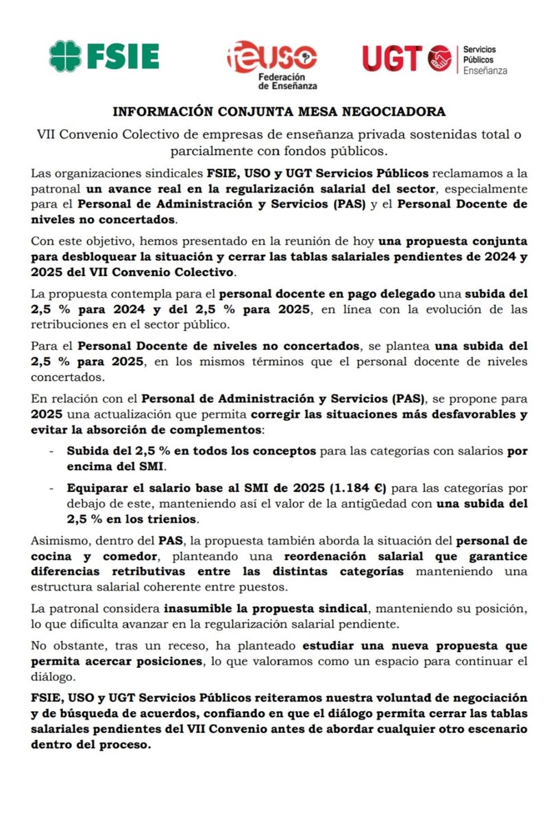clm_fsie's tweet photo. 📢 Avances en la negociación del VII Convenio Colectivo
FSIE, USO y UGT SP proponemos desbloquear los salarios 2024-2025:
👩‍🏫 Docentes pago delegado: +2,5% (2024) y +2,5% (2025)
📚 Docentes no concertados: +2,5% (2025)
🧾 PAS: +2,5% y adecuación al SMI 2025 (1.184 €)
La patronal lo considera inasumible por ahora, pero estudiará una nueva propuesta. 🤝
#EducaciónConcertada #ConvenioColectivo