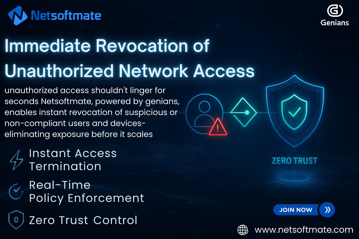 Netsoftmate's tweet photo. Unauthorized access = instant risk
@Netsoftmate powered by @Genians stops suspicious users & devices in real time.
Detect | Revoke | Control
🌐 https://t.co/bGNVHLlz6r
#Netsoftmate #Genians #ZeroTrustSecurity #NetworkAccessControl https://t.co/PmwaU2KvMQ