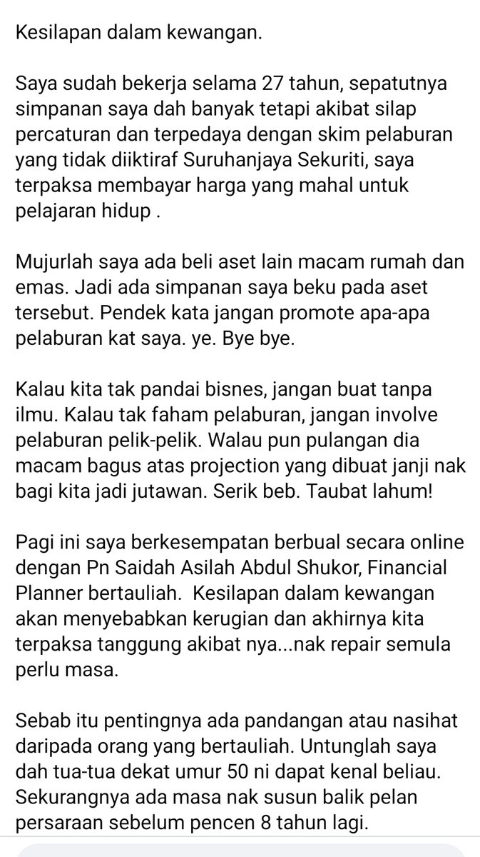 Saida_CFPCertTm's tweet photo. Konteks..
Kaum perempuan suka duit..tapi ada blindspot juga..suggestion, melabur sedikit untuk berjumpa professional. Ilmu tu tak akan rugi untuk keluarga dan anak anak kelak. https://t.co/ar5Wzh0VSq