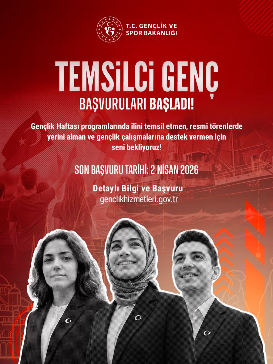 Temsilci Genç başvuruları başladı!🇹🇷

Gençlik Haftası etkinliklerinde şehrini temsil etmek isteyen genç arkadaşlarımızı başvuru için bekliyoruz. 

📅Son Başvuru Tarihi: 2 Nisan 2026

🔗Detaylı Bilgi ve Başvuru: genclikhizmetleri.gov.tr

#GSBHepYanında