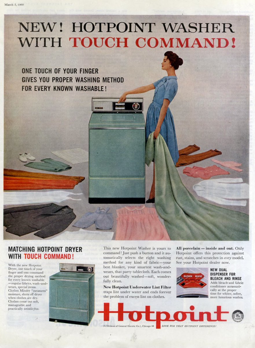 LRonLacy's tweet photo. #OTD in 1960
‘New Hotpoint Washer with Touch Command! One touch of your finger gives you proper washing method for every known washable! Matching Hotpoint dryer with touch command! #Hotpoint - A division of #GeneralElectric Co.’
March 5, 1960
#washingmachine #GE #appliances https://t.co/CFkQHmS9qP