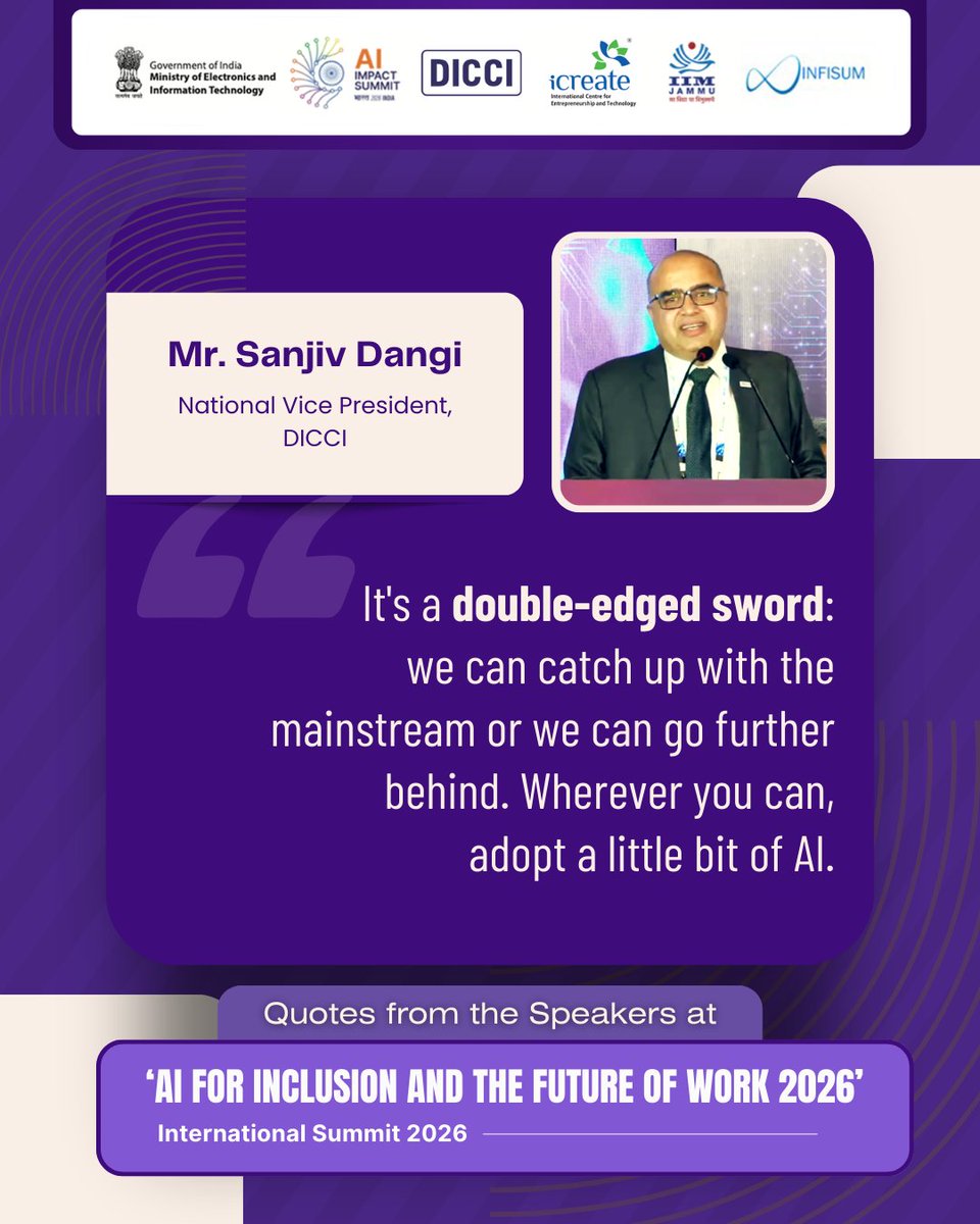 AI is a double-edged sword ⚔️

At the “AI for Inclusion &amp; Future of Work 2026” summit, Mr. Sanjiv Dangi emphasized that the real question isn’t if we adopt AI but how fast. Start small, experiment, and use technology to move ahead, not fall behind. 🚀

#DICCI #AIForInclusion