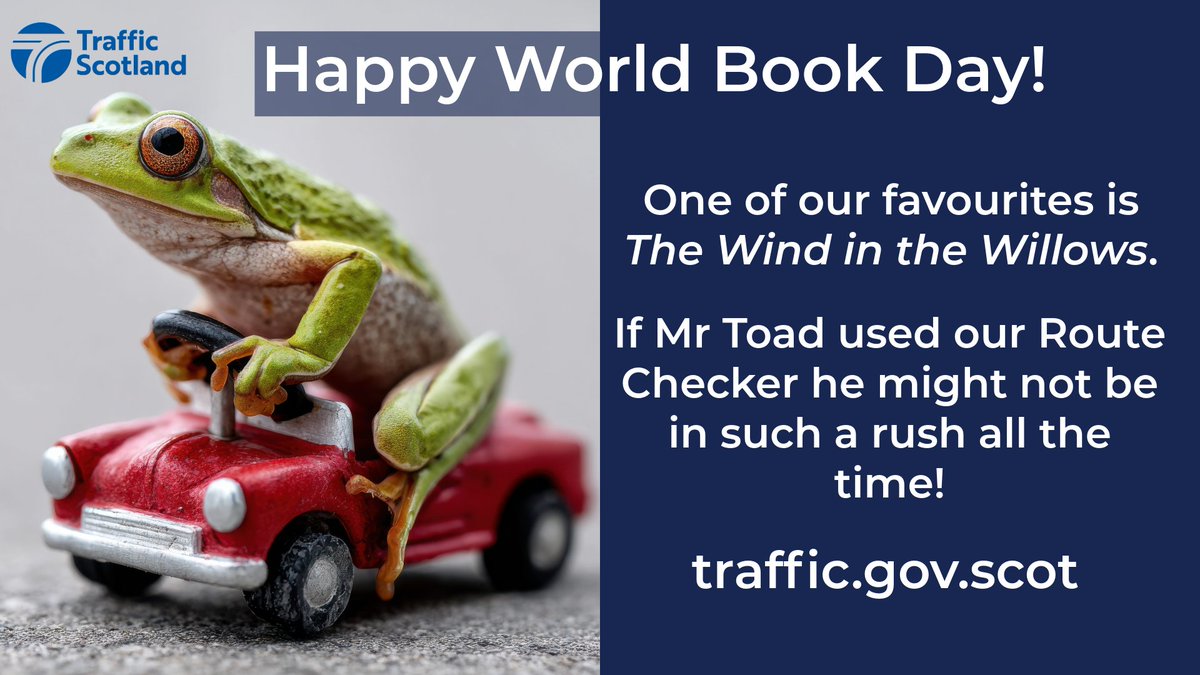 trafficscotland's tweet photo. 📖 Happy World Book Day!🐛

Have a brilliant day of reading and dressing up. Well done the costume makers! ✨ 

🐸🚗  We love The Wind in the Willows and think Mr Toad would be in less of a rush all the time if he used our Route Checker! 

Find it here 👉 https://t.co/YhNVx5VKCN https://t.co/6tYfNpUbgo