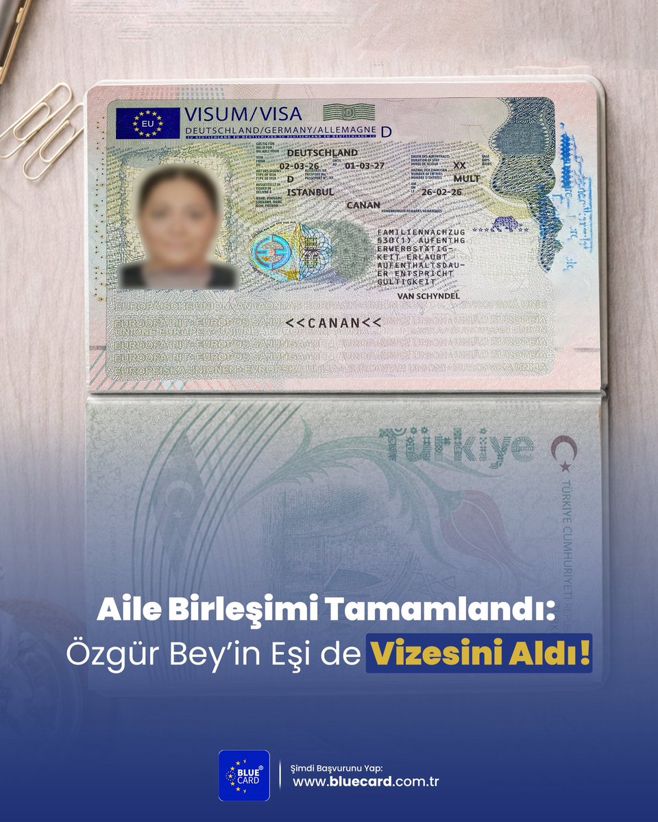 bluecardcomtr's tweet photo. Almanya’da Yeni Bir Hayat: Özgür Bey ve Ailesi Başardı! 🇩🇪
Her büyük yolculuk, sağlam bir ilk adımla başlar. Özgür Bey’in Almanya hayali için ilk adımı 22 Ocak 2026 tarihinde attık.

Süreç Nasıl İlerledi?
22.01.2026: Başvurumuzu gerçekleştirdik.
04.02.2026: Sadece 13 gün içinde Ön Onay vizemiz çıktı!
26.02.2026: Özgür Bey, eşi Canan Hanım ve oğulları Deniz’in vizeleri basıldı.

Tam 1 ay gibi kısa bir sürede tüm ailenin işlemlerini tamamlayarak vize sevincine ortak olduk. Özgür Bey ve ailesine Almanya’daki yeni hayatlarında mutluluklar dileriz!
👉 Siz de mesleğinizle Almanya’da yeni bir başlangıç yapmak ister misiniz? Detaylı bilgi için bize ulaşabilirsiniz. 

#bluecard #almanya #vize