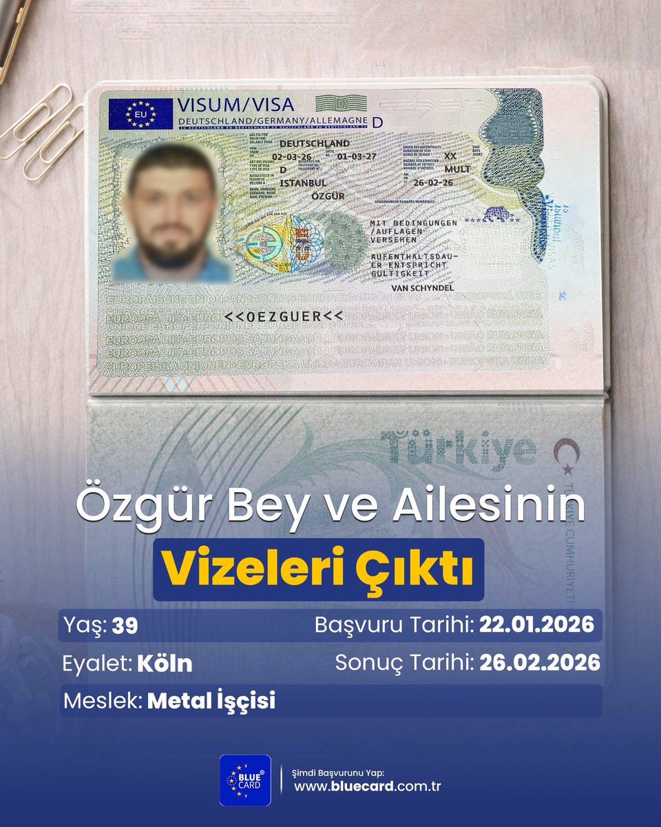 bluecardcomtr's tweet photo. Almanya’da Yeni Bir Hayat: Özgür Bey ve Ailesi Başardı! 🇩🇪
Her büyük yolculuk, sağlam bir ilk adımla başlar. Özgür Bey’in Almanya hayali için ilk adımı 22 Ocak 2026 tarihinde attık.

Süreç Nasıl İlerledi?
22.01.2026: Başvurumuzu gerçekleştirdik.
04.02.2026: Sadece 13 gün içinde Ön Onay vizemiz çıktı!
26.02.2026: Özgür Bey, eşi Canan Hanım ve oğulları Deniz’in vizeleri basıldı.

Tam 1 ay gibi kısa bir sürede tüm ailenin işlemlerini tamamlayarak vize sevincine ortak olduk. Özgür Bey ve ailesine Almanya’daki yeni hayatlarında mutluluklar dileriz!
👉 Siz de mesleğinizle Almanya’da yeni bir başlangıç yapmak ister misiniz? Detaylı bilgi için bize ulaşabilirsiniz. 

#bluecard #almanya #vize