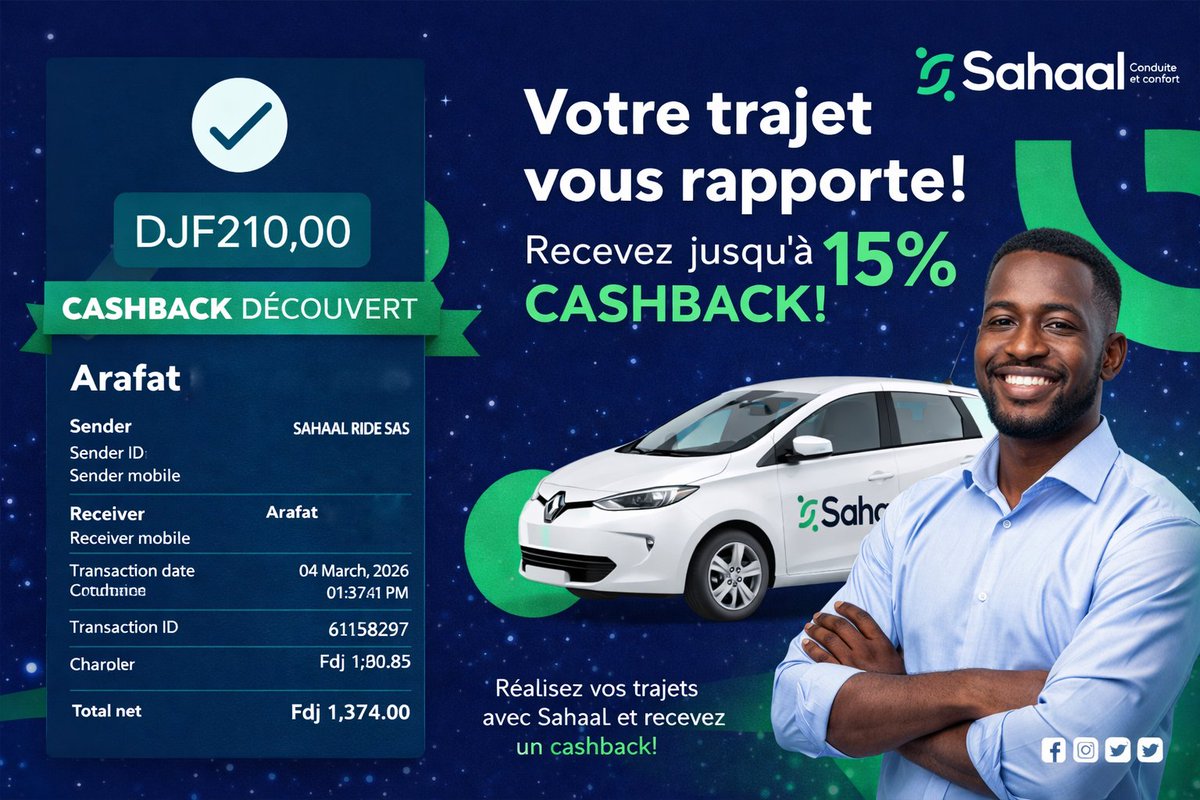 Chaque trajet peut vous rapporter de l’argent.

Avec Sahaal, vos déplacements deviennent plus intelligents.
🎁 Jusqu’à 15 % de CASHBACK sur chaque trajet

📅 Offre spéciale Ramadan – du 1 au 15 mars
Ne laissez pas passer ce que vous pouvez récupérer.

🚗 Un clic. Un chauffeur.