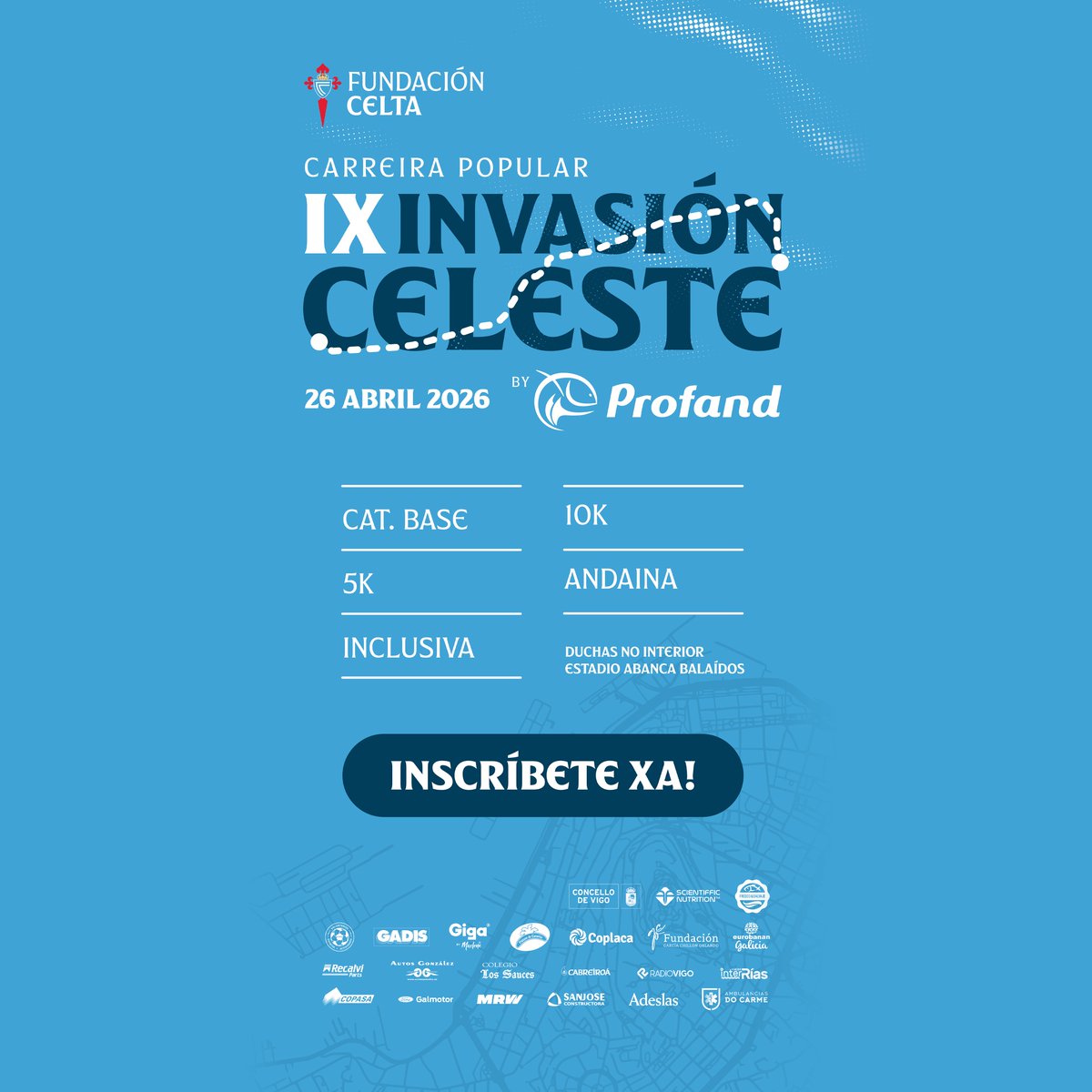 RCCelta's tweet photo. Unha carreira con meta no interior de Abanca Balaídos? 😍🏃

Volve #InvasiónCeleste by Profand, a carreira popular da #FundaciónCelta!

🔹 10K e 5K
🔹 Categoría base
🔹 Andaina e carreira inclusiva
🔹 Duchas habilitadas no estadio

Inscríbete xa 👇